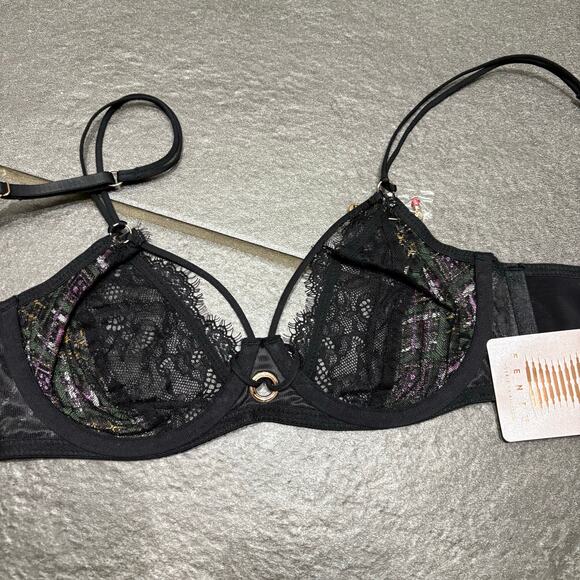 Savage X Fenty A Little Tart Unlined Bra Black Lace Plaid 32C Plunge Feminine - Picture 7 of 11